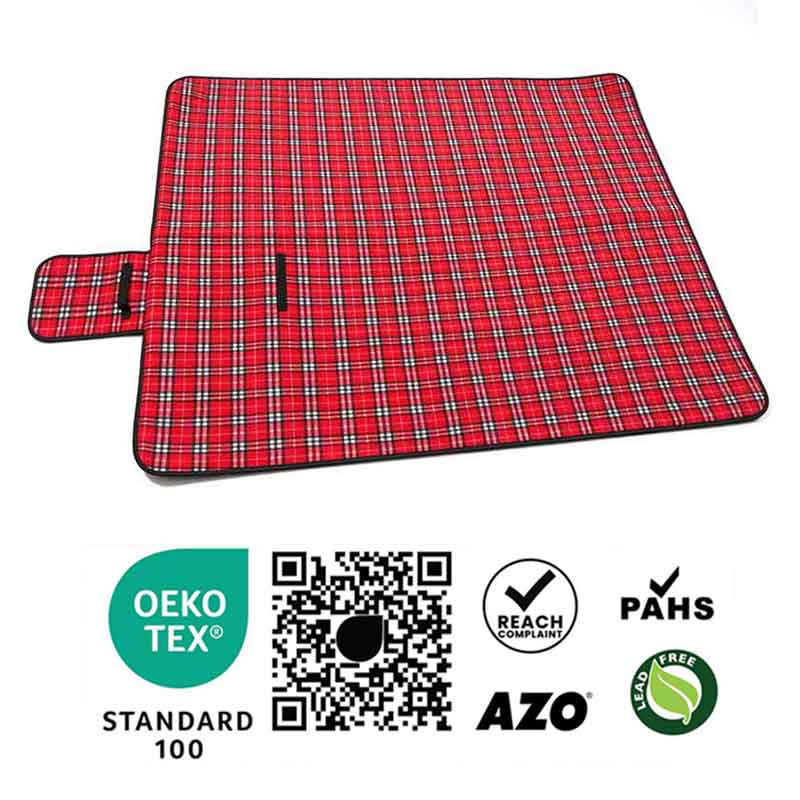 Red plaid fleece waterproof picnic blanket fully unfolded